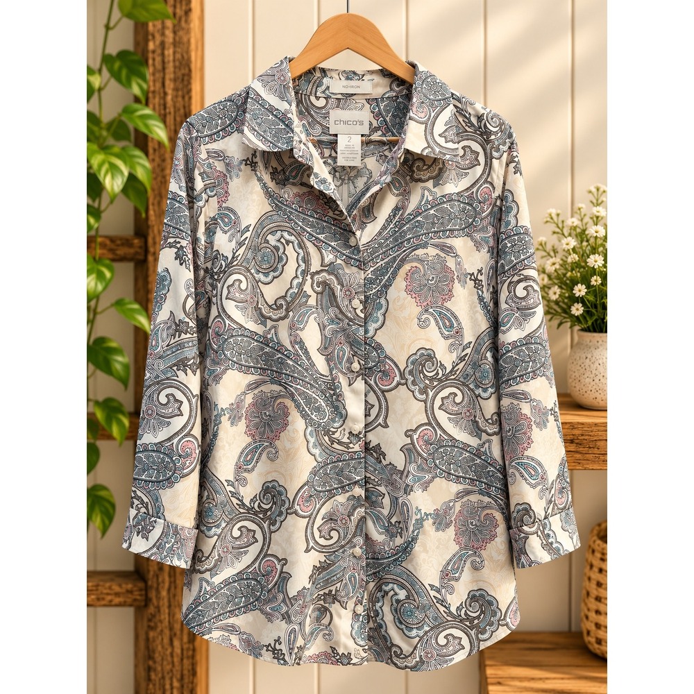 Chicos No-Iron Cotton Paisley Button Down Shirt Size 2 Large 3/4 Sleeve Multi